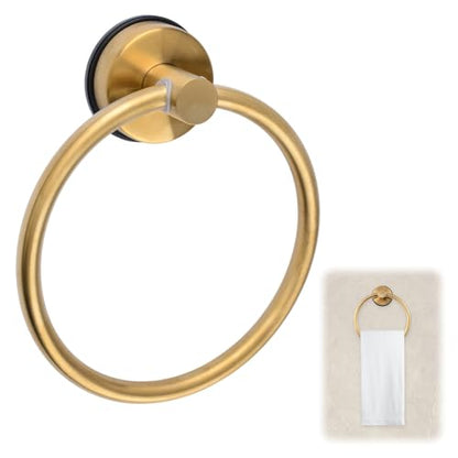 INCREWAY 1Pc Gold Stainless Steel Suction Cup Towel Ring, Wall Mounted Rotating Disc for Air Release No Drill Bathroom Hand Towel Holder Removable Rustproof Hardware for Glass Tile Smooth Surface