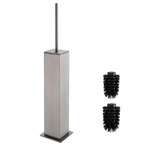 Toilet Brush and Holder Floor Standing, Brushed Nickel with 2 Replaceable Heads, Freestanding Toilet Bowl Brush with Removable Liner and Splash Guard, Modern Square Design - color: Brushed Nickel-standing