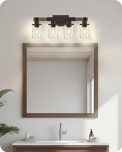 4-Light Bathroom Light Fixture, Farmhouse Vanity Lights for Bathroom with Glass Shade, Rustic Bathroom Light Fixtures, E26 Base F09BD05 - size: 4-Light
