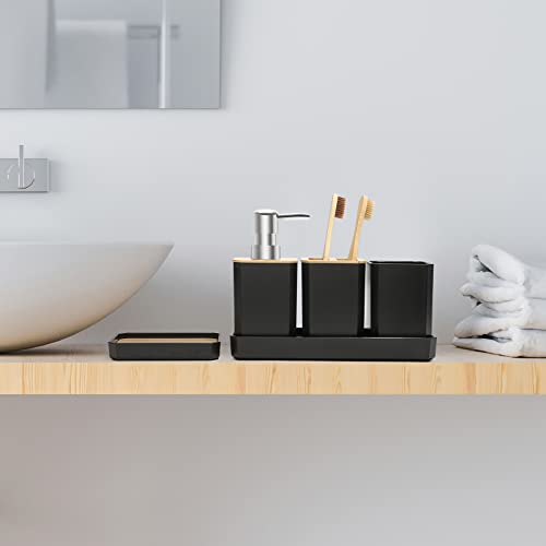 FEILANDUO Bathroom Accessories Set,5 Pcs Bathroom Accessory Gift Set, Soap Dispenser, Soap Dish, Toothbrush Holder, Toothbrush Cup, Vanity Tray, Boho, Modern Bathroom Decor (Black) - style: Black