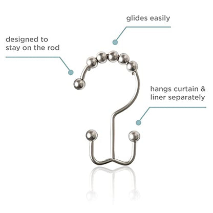 Double Shower Curtain Hooks - Set of 12 Metal Shower Curtain Rings - Double Glide Shower Hooks for Bathroom Curtain (Matte Nickel) - color: Matte Nickel