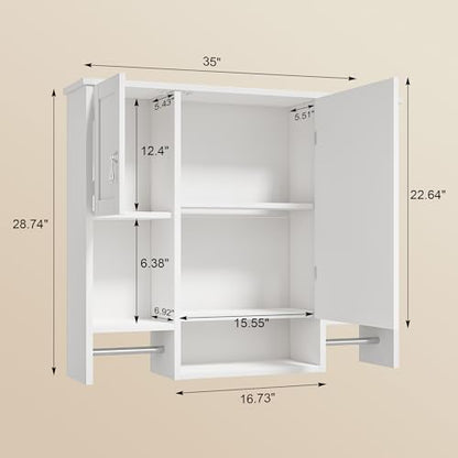 VECELO Large Bathroom Wall Cabinet with Mirror, Wall Mounted Medicine Cabinet with Open Shelves, 2 Towel Bars for Bathroom Laundry Room Kitchen, 35.04" L x 7.09" W x 28.94" H