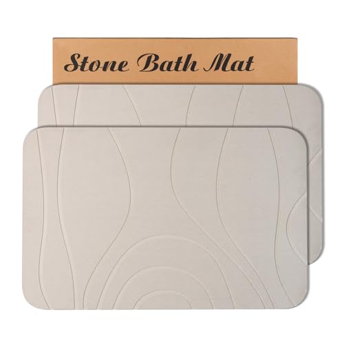 Stone Bath Mat, 2 Pack Diatomaceous Earth Shower Mat, Non-Slip Super Absorbent Quick Drying Bathroom Floor Mat, 24x15, Greyish White - color: Greyish White