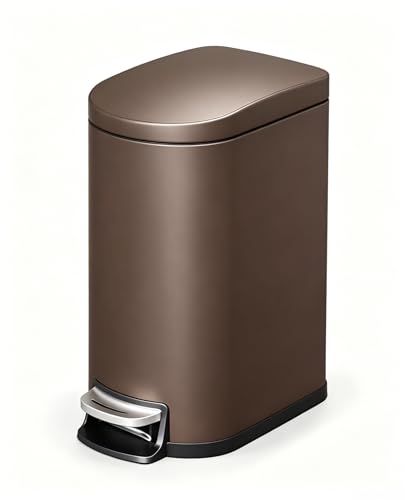 2.6 Gal / 10 L Metal Bathroom Trash Can with Lid, Slim Step-On Garbage Can with Soft Close Lid, Stainless Steel Waterproof Trash Bin for Bedroom with Inner Bucket, Rear Handle, Brown - color: Brown