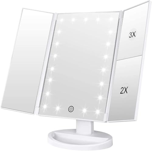 WEILY MakeupMirror with 21 LED Lights,Two Power Supply Modes, Adjustable Touch Screen and 1x/2x/3x Magnification Tri-Fold VanityMirror,Chargeable Travel CosmeticMirror for Desktop (Pack of 12) - color: White, size: 10.8"L x 7.1"W (Pack of 12)