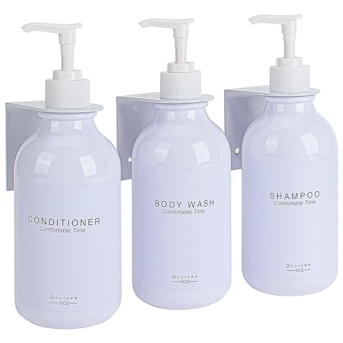 Shampoo and Conditioner Dispenser for Shower Wall 3 Chamber,Refillable Shampoo and Conditioner Bottles with Waterproof Labels,Soap Dispenser with Pumps - color: 3 Bottles 3 Wall Mounts-white