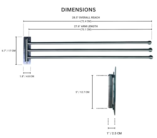 3-Arm Swivel Towel Bar – 28.5 Inch Extra Long Arms – Wall Mounted Stainless Steel Rotating Towel Rack for Bathroom | Extra-long 28.5” arms provide better airflow for towels. Durable stainless steel with smooth 180° rotating arms