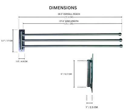 3-Arm Swivel Towel Bar – 28.5 Inch Extra Long Arms – Wall Mounted Stainless Steel Rotating Towel Rack for Bathroom | Extra-long 28.5” arms provide better airflow for towels. Durable stainless steel with smooth 180° rotating arms