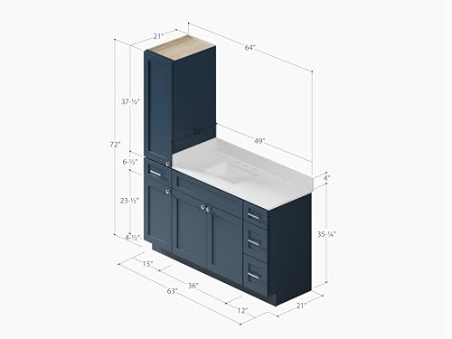 63" Bathroom Vanity with Linen Storage Tower and 4 Drawers, Carrara Quartz Top and Ceramic Sink, Left or Right Tower Option, Solid Wood Frame, 64" x 22" x 72" (Navy Blue, Left Tall Cabinet) - color: Navy Blue