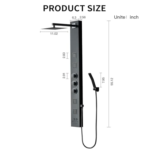 Rainfall Shower Tower Shower Wall Panels, Stainless Steel Shower Panel with 4 Body Jets Massage and Adjustable Head, Tub Spout Column Wall Mount, Black