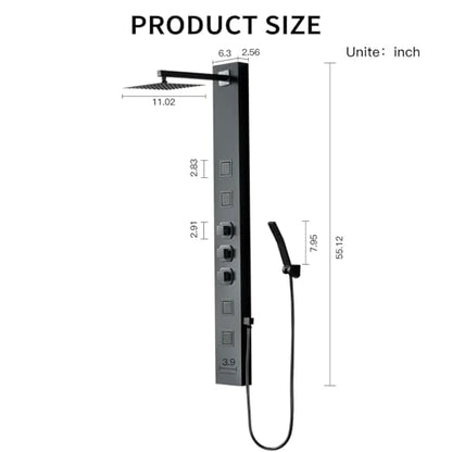 Rainfall Shower Tower Shower Wall Panels, Stainless Steel Shower Panel with 4 Body Jets Massage and Adjustable Head, Tub Spout Column Wall Mount, Black