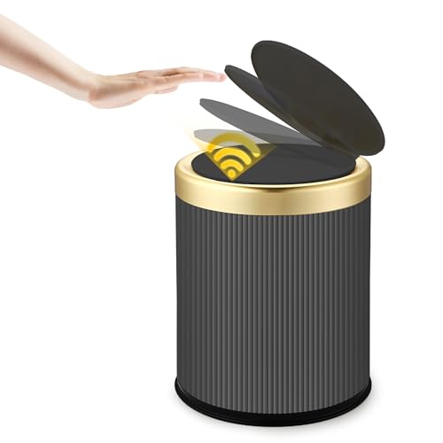 Motion Sensor Trash Can with Lid,Touchless Sensor Bathroom Trashcan | 3.7 Gallon Dog Proof Smart Sensor Wastebasket,Diaper Trash Bin,Plastic Garbage Can for Bedroom,Office,Kitchen-Black and Gold - color: Gray, size: 3.7 Gallon