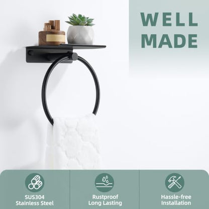 Angle Simple Hand Towel Holder with Shelf, Swivel Towel Ring Matte Black | SUS304 Stainless Steel, Bathroom Kitchen Space Saver, Wall Mount - color: Matte Black