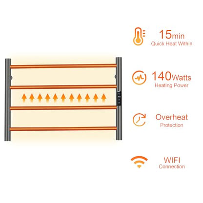 Electric Towel Rack with Voice Control for Alexa & Google Home,TUYA - Wall-Mounted Bathroom Heating Towel Warmer,Plug-in,Stainless Steel Material,16.54x23.62x5.51 in,Gunmetal Grey，4 Bars - color: Gungrey With Wifi, size: 4 Bar