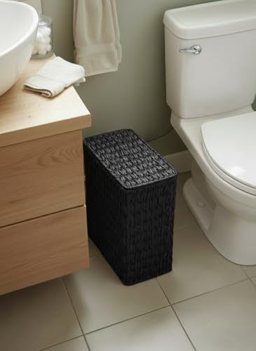 Coeusy Black Wicker Trash Can with Lid and Liner,Waterproof Narrow Waste Basket for Bathroom,Bedroom,Office,3 Gallon - color: black