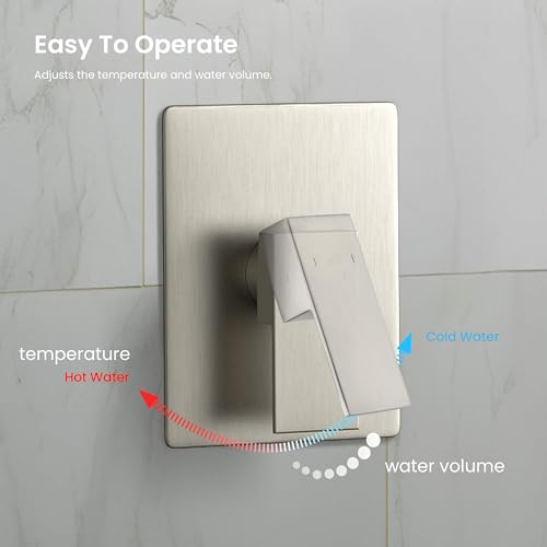 KIBI Cube 2-Function Rain Shower Column, Solid Brass, Brushed Nickel | 10in Rain Head Plus 3-Mode Handheld, Height-Adjustable, Brass Rough-in Valve, Pressure Balance, Wall-Mounted, KSC404 - color: Brushed Nickel