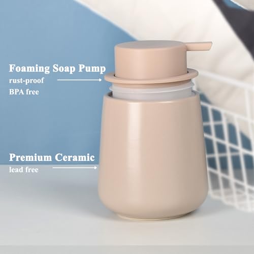 Bosilunlife 12Oz Ceramic Foam Soap Dispenser for Bathroom Kitchen Counter | Premium countertop foam pump creates delicate dense foam, stable desktop placement, Khaki - color: Khaki