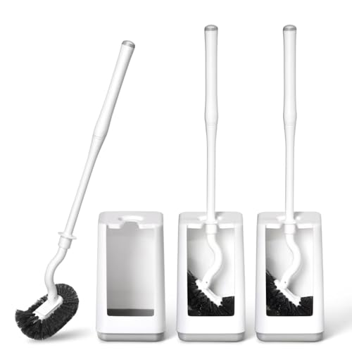 Toilet Bowl Brush and Holder 3 Pack Sturdy Plastic Long Handled Toilet Brushes for Bathroom with Ventilated Base Easy to Assemble for Deep Cleaning (White 3) - color: White 3