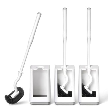 Toilet Bowl Brush and Holder 3 Pack Sturdy Plastic Long Handled Toilet Brushes for Bathroom with Ventilated Base Easy to Assemble for Deep Cleaning (White 3) - color: White 3