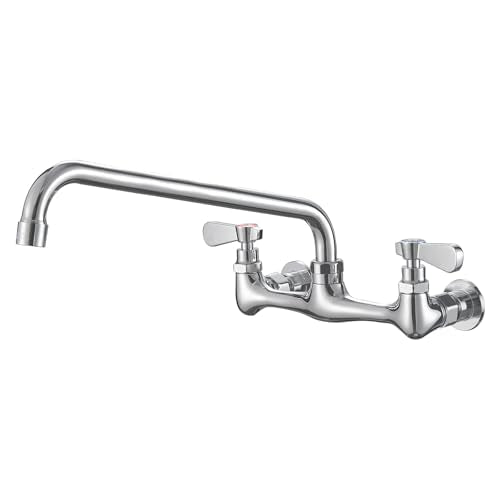 Wall Mount Kitchen Faucet 14" Gooseneck Swivel Spout, Chrome | Lead-Free Brass Body, Dual Handle Hot & Cold,8" Center,Commercial Sink Faucet for Laundry Restaurant Utility Sinks - size: 14 Inch