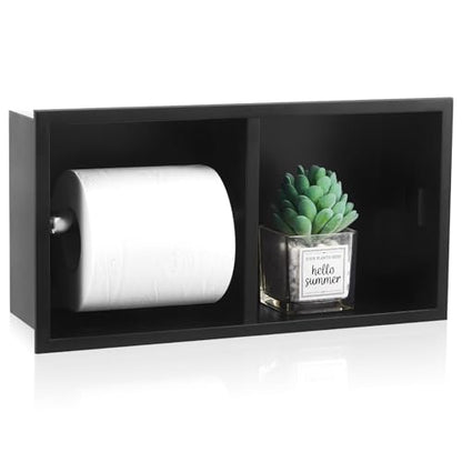Recessed Dual Roll Toilet Paper Holder 304 Stainless Steel Hidden in-wall with Storage Durable Tissue Roll Holder Heavy Duty Space Saving Design for Modern Bathrooms and Remodel(Black) - color: Black