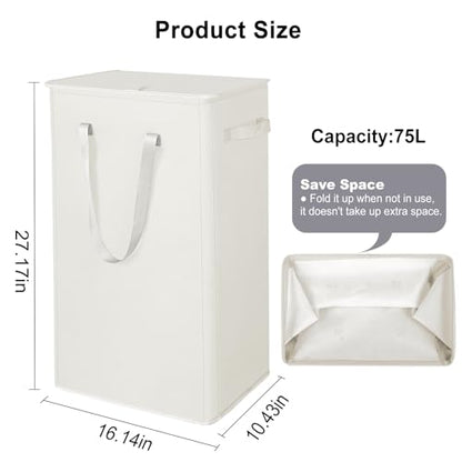 Odonata 75L Slim Laundry Hamper with Lid,Large Foldable Laundry Basket with Removable Bag and Handles Tall Collapsible Dirty Clothes Basket Great for Bedroom, Bathroom, Dorm, College,RV. (Beige, 75L) - color: Beige