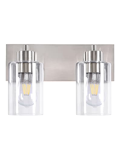 2-Light Brushed Nickel Bathroom Vanity Lights, Clear Glass | Brushed Nickel Metal Frame,Up/Down Wall Mount,cylinder Glass Shade,Kitchen Hallway Bedroom Indoor Use,Easy Install,E26 Base - size: 2-light
