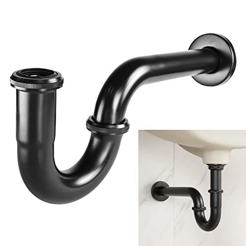 Stainless Steel P-Trap - 1 1/4 Inch Bathroom Basin Sink Waste Trap with Reducing Washer, Matte Black - color: Black
