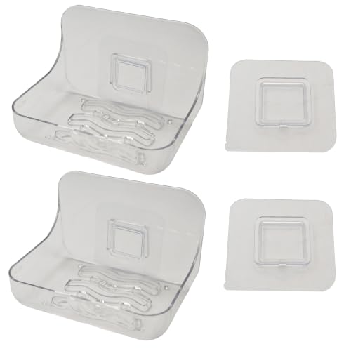 2Pcs Clear Acrylic Soap Dish, Self Draining Soap Holder for Shower, Wall Mounted No Drilling Adhesive Soap Saver Tray for Bathroom, Kitchen Sink, Tub Organizer - color: Clear