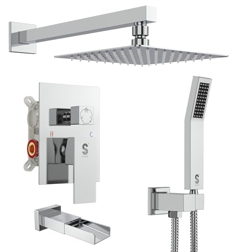 SR SUN RISE 12 Inch All Metal Square Shower System with Tub Spout, Tub Shower Faucet Set, High Pressure Rain Shower Head and Handheld Sprayer Shower Fixtues, Valve Included, Polished Chrome - color: Polished Chrome, size: 12 Inch