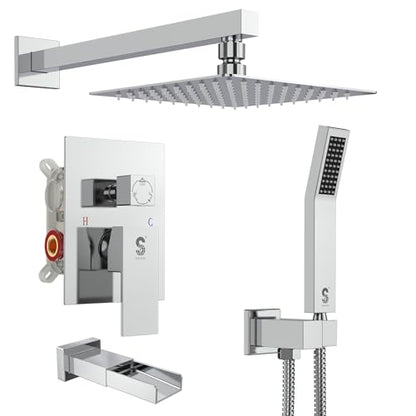 SR SUN RISE 12 Inch All Metal Square Shower System with Tub Spout, Tub Shower Faucet Set, High Pressure Rain Shower Head and Handheld Sprayer Shower Fixtues, Valve Included, Polished Chrome - color: Polished Chrome, size: 12 Inch