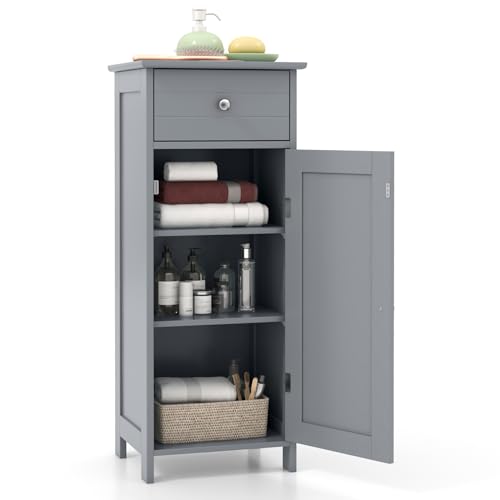 BECOMFORT Bathroom Floor Cabinet, Small Wooden Storage Organizer Unit with Drawers, Adjustable Shelves, Mid Century Modern Bathroom Storage Cabinet for Living Room, Entryway - color: Grey