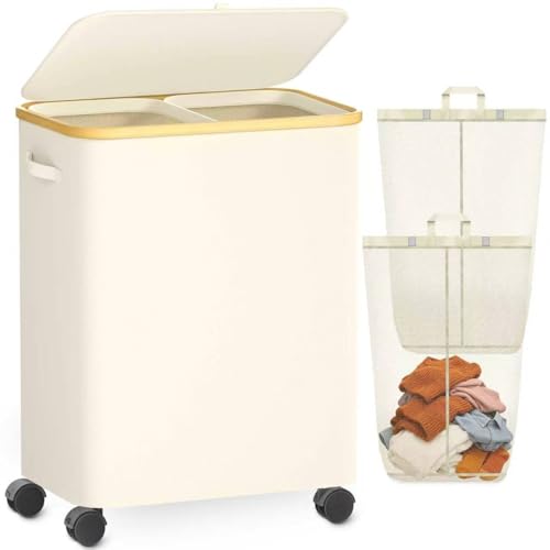 Double Laundry Hamper with Lid and Wheels, 150L Large Laundry Basket with 2 Sections & Removable Liner Bags, Rolling Dirty Clothes Basket with Handles for Bedroom, Bathroom, Dorm, College - color: Beige, size: 150L
