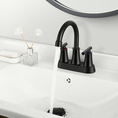 Herogo Matte Black Bathroom Sink Faucet for 3 Holes, 4 Inch Centerset Bathroom Faucet 2-Handle with Pop-Up Drain & Supply Hoses, 18/10 Stainless Steel, for RV Vanity Lavatory - color: Matte Black, style: Cylindrical Handles