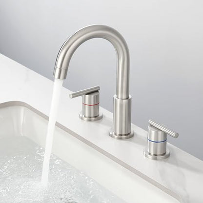 Faustina 3 Hole Bathroom Faucet, Brushed Bathroom Faucets for Sink 3 Hole/Double-Handle/8-Inch Widespread Bathroom Faucet, Stainless Steel Bathroom Vanity Faucet(Pop Up Drain/Supply Line), Brushed - color: Brushed, style: Modern Widespread