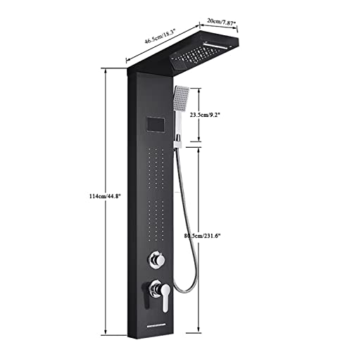 Split Shower Panel Tower System, Stainless Steel 5 in 1 Shower Column with LED Rainfall Waterfall Shower Head, Water Temperature Display and Body Jets,Black - color: Black