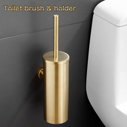 AIREMOEN 1PCS Brushed Gold Wall-Mounted Toilet Brush and Holder Set, 304 Stainless Steel Handle Toilet Brush Holder, Toilet Brush and Plunger Set, Bathroom Wall-Mounted Compact Toilet Brush Holder