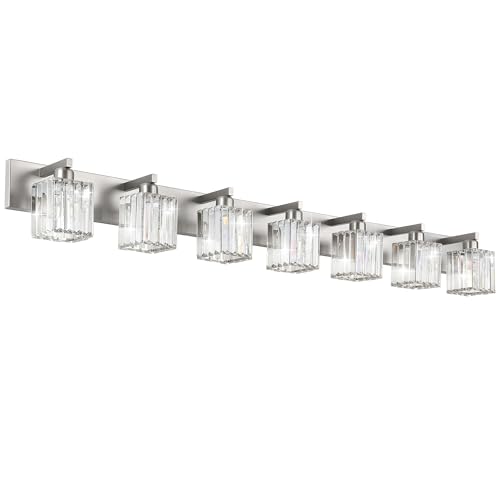 Aipsun Brushed Nickel Bathroom Light Fixtures Crystal Vanity Lighting Fixture Modern Bathroom Vanity Light 7 Light (Exclude Bulb) - color: Brushed Nickel, size: 58 inch