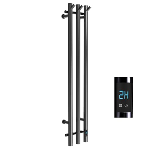 Electric Heated Towel Rack with Timer, Wall-Mounted Towel Warmer, 3 Vertical Bars, Plug-in or Hardwired, 37.4 Inch Height, Round Design (Black) - color: Black