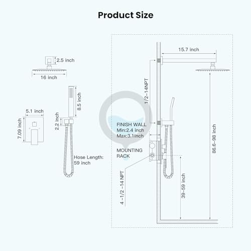 gotonovo Rainfall Bathroom Shower System Rain Shower Head and Handle Set Wall Mounted Shower Complete Combo Solid Brass Pressure Balancing Shower Mixer Valve 16 Inch Matte Black - color: Matte Black, size: 16 Inch