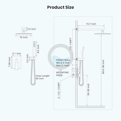 gotonovo Rainfall Bathroom Shower System Rain Shower Head and Handle Set Wall Mounted Shower Complete Combo Solid Brass Pressure Balancing Shower Mixer Valve 16 Inch Matte Black - color: Matte Black, size: 16 Inch