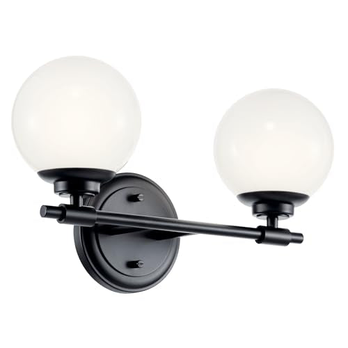 Kichler Benno 2-Light Bathroom Vanity Light Fixture, Modern Wall Mount with Opal Glass in Black for Bathroom or Powder Room, G9 LED Compatible (8.75 x 14.75 in), 55171BK - color: Black, size: 14.75"