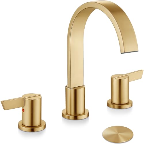 Midanya 8 Inch Widespread Bathroom Sink Faucet 3 Hole,Gold | Waterfall Swivel Spout,2 Handle,SUS304,with Pop Up Drain,cUPC 24" Water Hose,for 6-16” hole distance vanity,RV,Farmhouse Sink - color: Gold