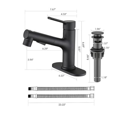 Bathroom Sink Faucet with Pull Out Sprayer, Single Handle Modern Bathroom Basin Faucet with Pop-up Sink Drain Stopper & Deck Plate 1 or 4-inch Centerset 3 Hole, Matte Black - color: Matte Black