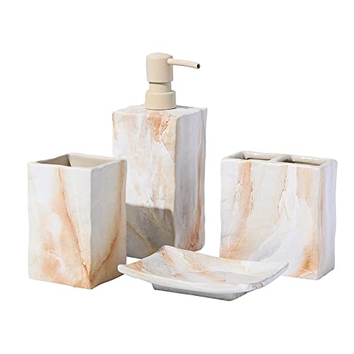 RQYIXI Bathroom Accessories Set 4 Pcs Marble Look Sets Toothbrush Holder Soap Dispenser Counter Top Ceramic Bathroom Decor Set Beige - color: Beige