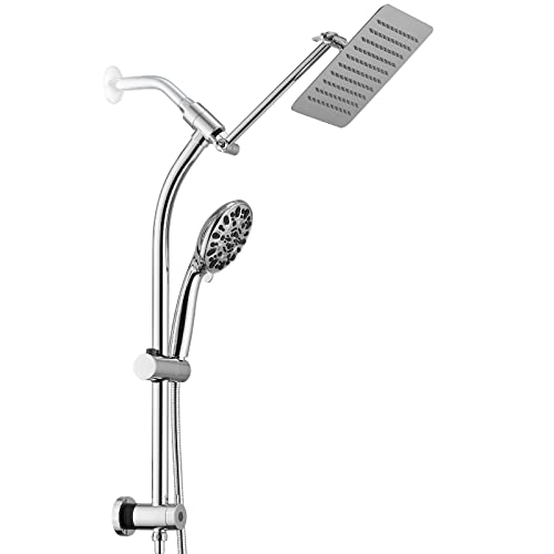 Rainfall 8 Inch Shower Head with High Pressure Handheld Spray Combo, Drill-Free Slide Bar with Adjustable Shower Extension Arm, 3-Way Low Diverter for Easy Reach, 5Ft Hose- Chrome - color: Polished Chrome