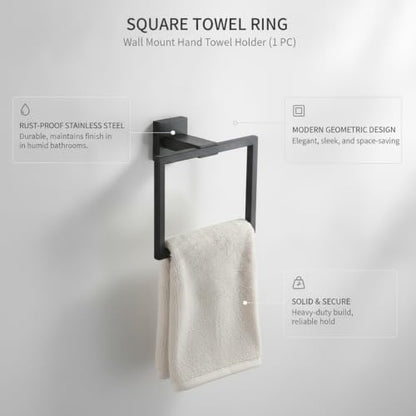 Homeowners Square Towel Ring, Stainless Steel Wall Mount Hand Towel Holder for Bathroom Vanity - color: Black