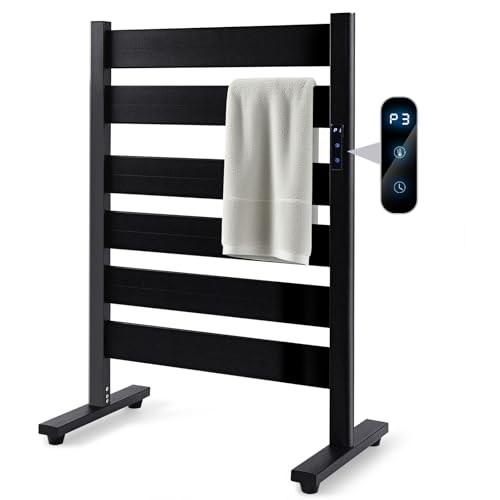 Towel Warmer Rack with 6 Widened Bars, Wall-Mounted Heated Towel Dryer with Timer, LED Display, 3 Temp Levels, Plug Overheat Protection, for Bathroom Spa Laundry (Matte Black) - color: Black