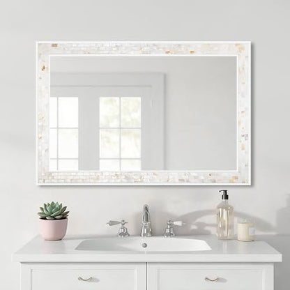 White Framed Rectangle Bathroom Mirror 24x36 Inch | Mother of Pearl Mosaic Frame, Tempered Glass, Horizontal/Vertical Hanging, Bathroom Bedroom Living Room Decor - size: 36"L x 24"W