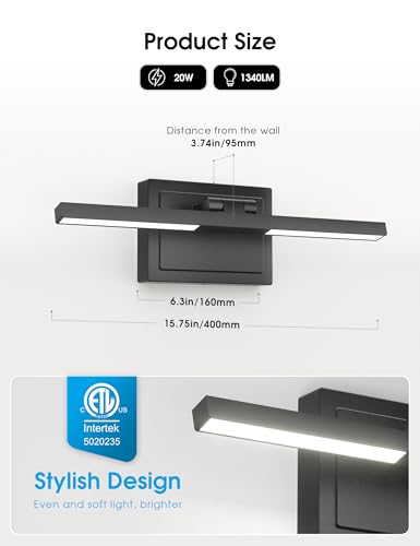VOLISUN Bathroom Vanity Light 15.7 inch, Vanity Light Bar-ETL Certified | 5CCT Dimmable, 20W LED, Black Bathroom Light Fixture Over Mirror, For Mirror Cabinets - size: 15.7 inch